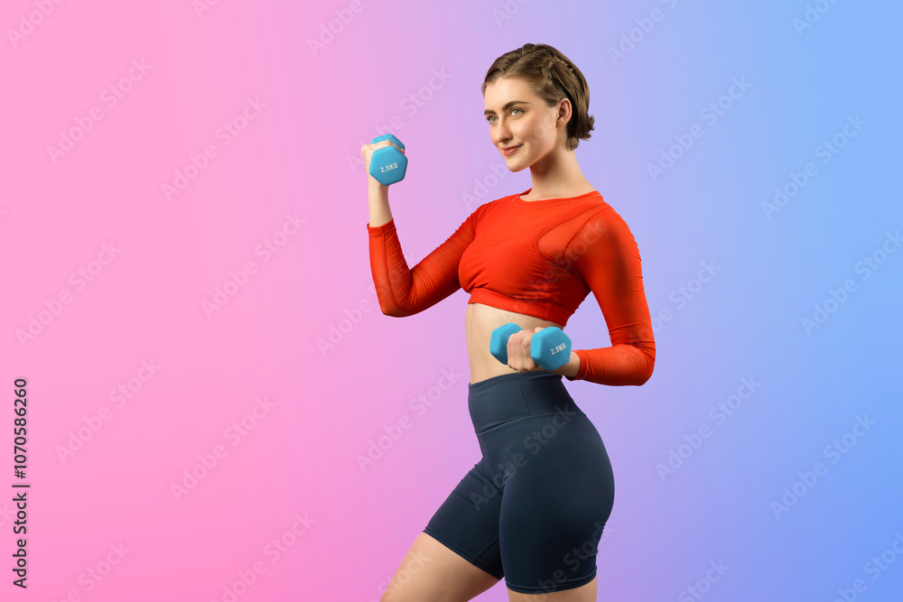 Full body length gaiety shot athletic and sporty woman with dumbbell for weight lifting as bodybuilding exercise in standing posture on isolated background. Healthy active and body care lifestyle Full body length gaiety shot athletic and sporty woman with dumbbell for weight lifting as bodybuilding exercise in standing posture on isolated background. Healthy active and body care lifestyle