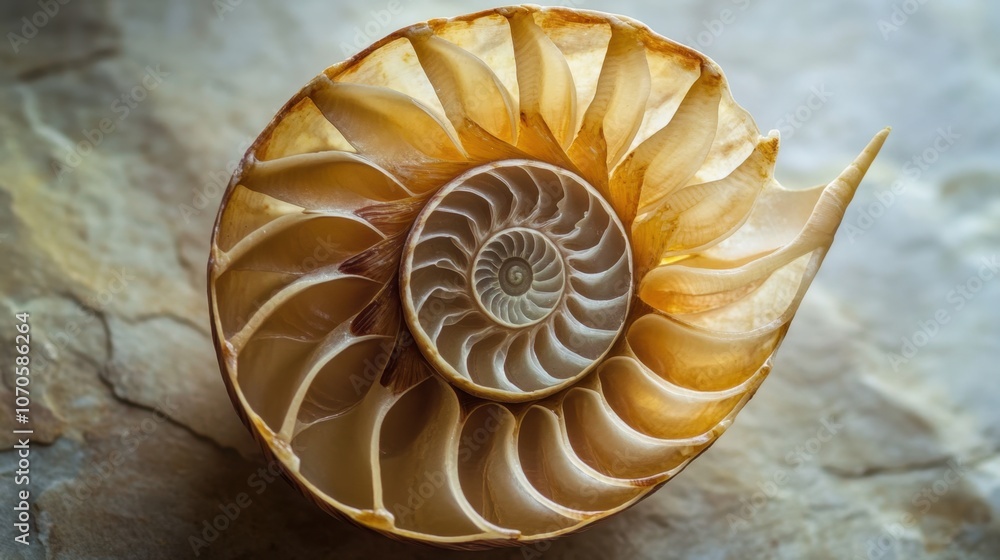 Obraz premium Spiral nautilus shell on natural stone surface for coastal home decor and nature study Fibonacci Day