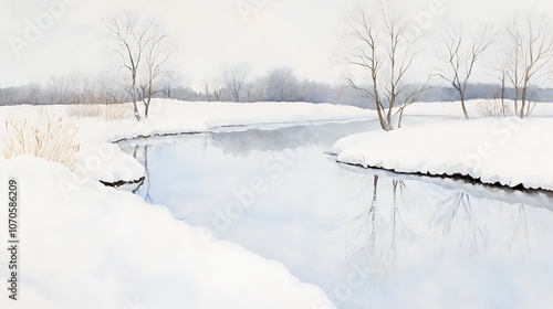 Tranquil Winter Landscape with Snowy Trees and a Glimmering River