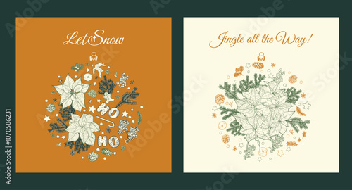 Merry Christmas vector square visuals with Christmas vector elements shaped as a Christmas ball. Trendy vector hand drawn illustration for winter social media post.