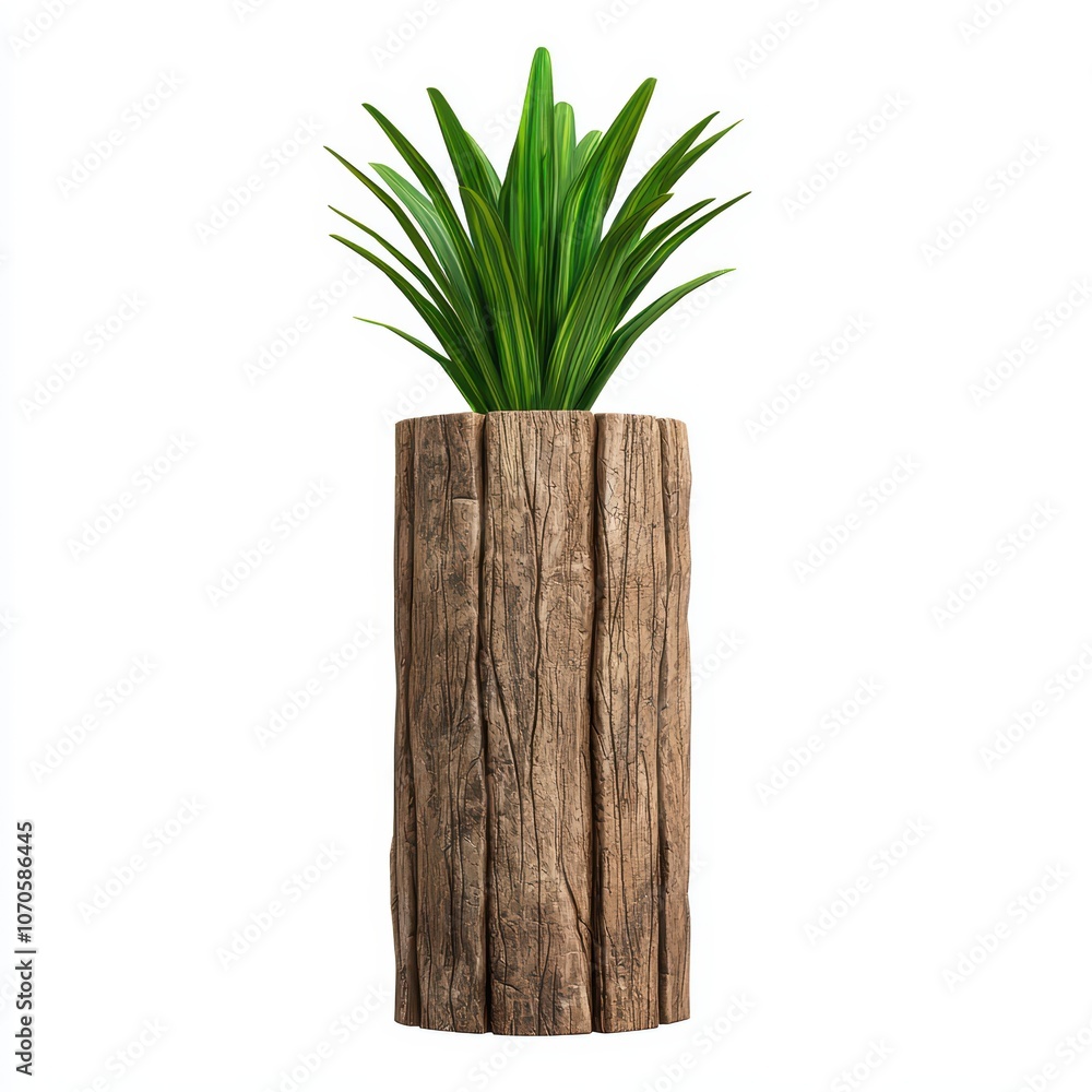 Lush green plant in a rustic wooden pot on a white isolated background. Lush green plant in a rustic wooden pot on a white isolated background.