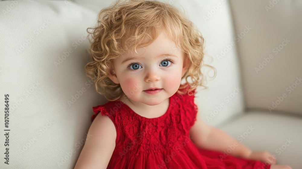 A young child with curly blonde hair sits on a light couch wearing a bright red dress. The atmosphere is cozy and inviting, showcasing the child's charming expression. A young child with curly blonde hair sits on a light couch wearing a bright red dress. The atmosphere is cozy and inviting, showcasing the child's charming expression.