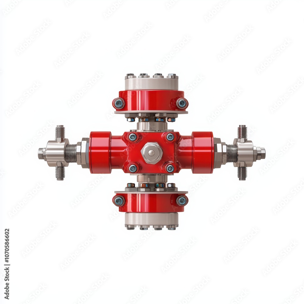 Mechanical valve with red and silver components, isolated on white background. Mechanical valve with red and silver components, isolated on white background.