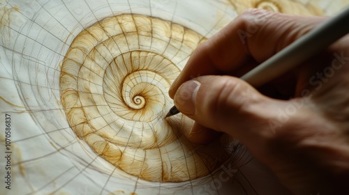 Intricate spiral design drawing by hand, capturing creative artistic process with detailed pen work Fibonacci Day photo