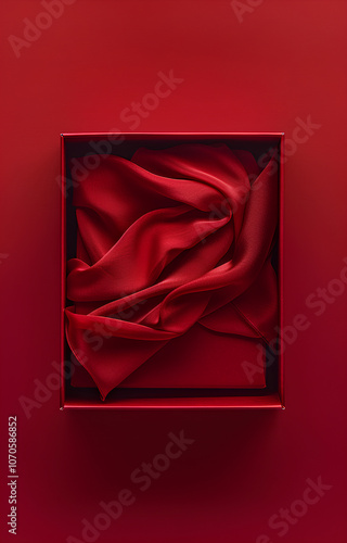 Red gift box, red silk lining the open square packaging, top view, plain background, minimalist style