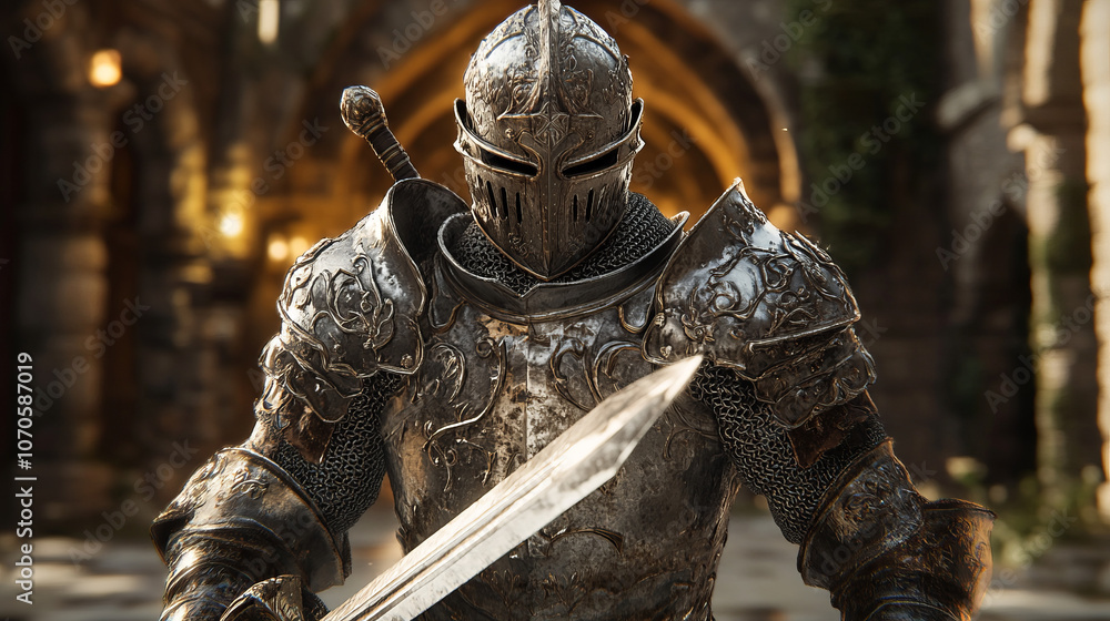 A knight in heavy armor with an intricate pattern stands against the background of an ancient castle, holding a sword ready to strike, embodying greatness and intrepidity. A knight in heavy armor with an intricate pattern stands against the background of an ancient castle, holding a sword ready to strike, embodying greatness and intrepidity.