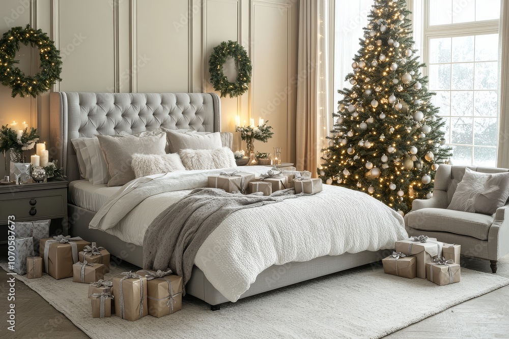 Elegant Christmas-themed room with gray and white decor, featuring a bed with light silver hues, soft beige armchair, gray sofa, wrapped gifts, and a decorated pine tree with glowing lights. Perfect h Elegant Christmas-themed room with gray and white decor, featuring a bed with light silver hues, soft beige armchair, gray sofa, wrapped gifts, and a decorated pine tree with glowing lights. Perfect h
