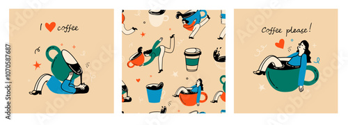 People enjoying coffee. Woman holding takeaway mugs, paper cups. Characters drinking hot morning beverages, americano, cappuccino to go, in trendy retro style.