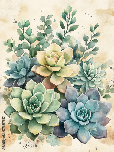 A watercolor composition of various succulents arranged together, featuring a mix of rosette shapes and shades of green, blue, and purple.