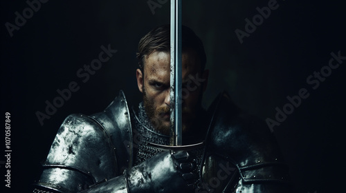 A warrior clad in steel armor holds a sword in front of his face, his stern gaze piercing the darkness, reflecting strength and inflexibility in battle.