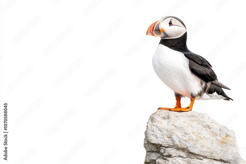 Naklejka premium Puffin perched on a rock, showcasing vibrant beak and feathers, isolated on a white background.