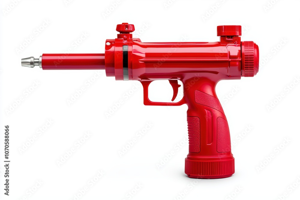 Red spray gun isolated on a white background, ideal for various painting applications. Red spray gun isolated on a white background, ideal for various painting applications.
