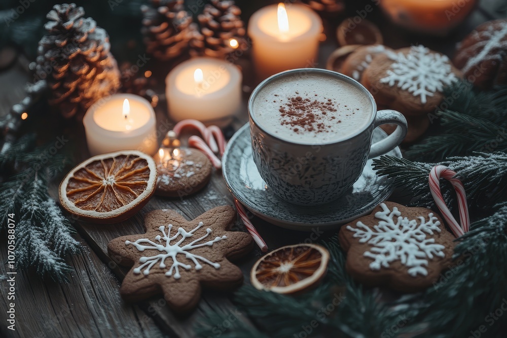 Flat lay of gingerbread cookies, hot cocoa, candy canes, dried orange slices, and candles on a rustic wooden table, creating a cozy holiday scene. Flat lay of gingerbread cookies, hot cocoa, candy canes, dried orange slices, and candles on a rustic wooden table, creating a cozy holiday scene.