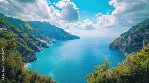 Serene coastal view of Amalfi Coast with clear blue waters and lush green hills under a partly cloudy sky