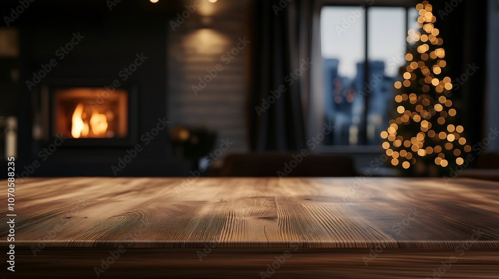 Empty wooden table with a blurred background of a Christmas Empty wooden table with a blurred background of a Christmas
