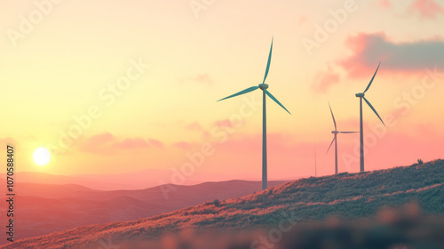 Modern wind turbines on a hillside at sunrise, sustainable energy business, clear skies, futuristic landscape