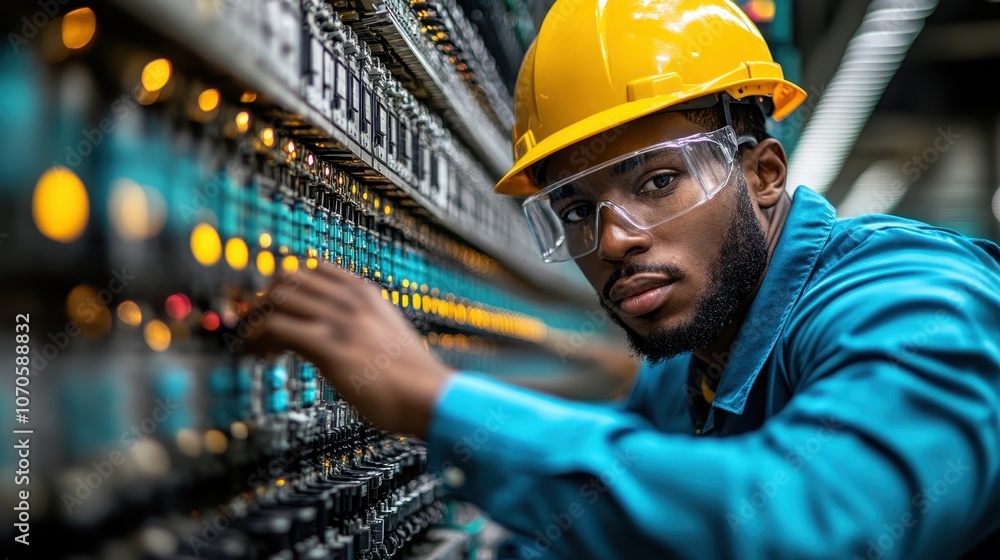 Skilled Electrician in Blue Uniform with Yellow Hard Hat Skilled Electrician in Blue Uniform with Yellow Hard Hat