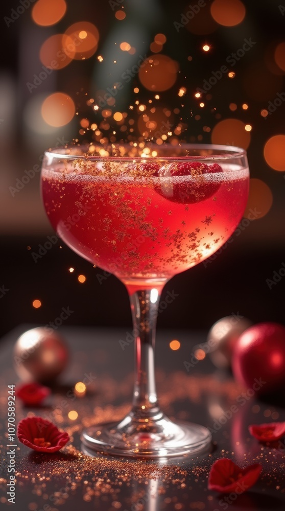 Raspberry Champagne Cocktail with Gold Flakes at Holiday Raspberry Champagne Cocktail with Gold Flakes at Holiday