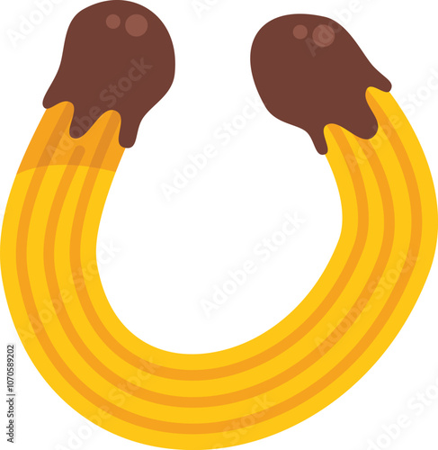 Two crispy churros forming a u shape, dipped in delicious melted chocolate