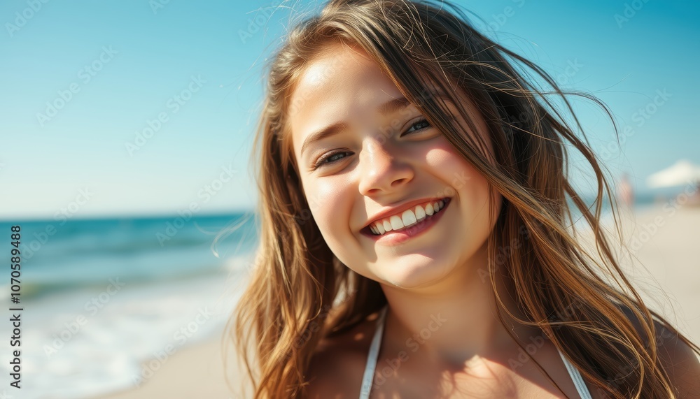 Smiling girl enjoying a sunny day at the beach portrait fun environment close-up joyful vibe Smiling girl enjoying a sunny day at the beach portrait fun environment close-up joyful vibe