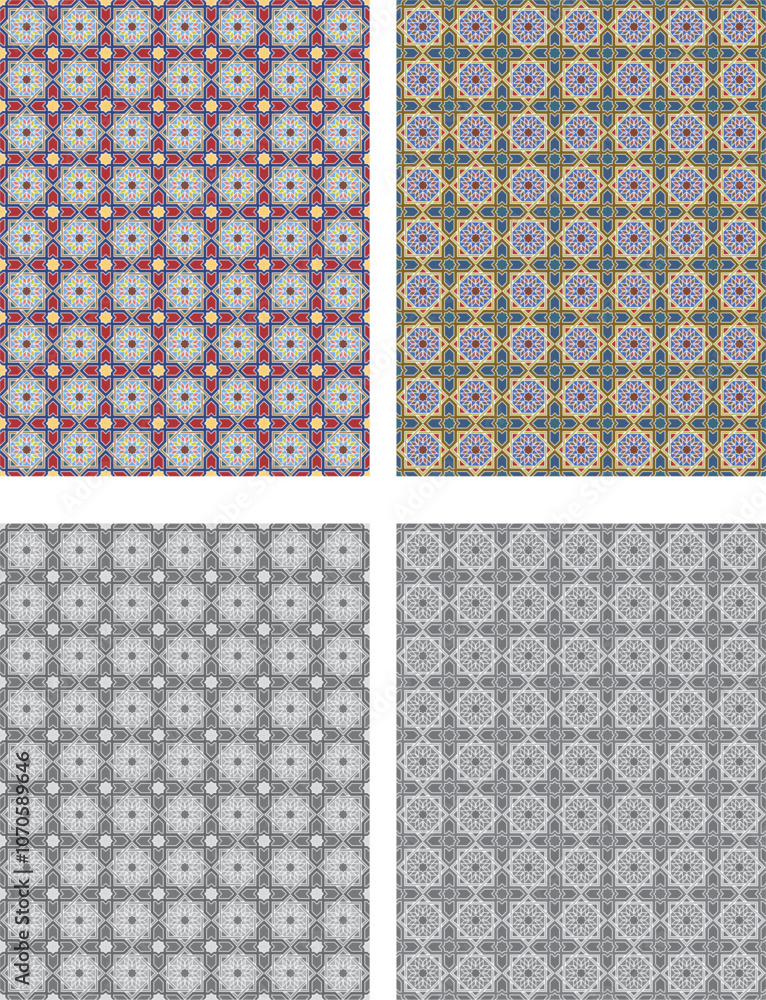 set of colored and black and white seamless patterns geometric Islamic art arabesque. set of colored and black and white seamless patterns geometric Islamic art arabesque.