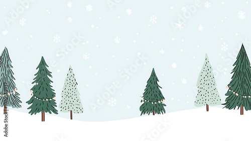 Serene Winter Landscape with Snowflakes Falling Over Evergreen Trees