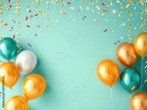 Gold confetti and balloons in a festive celebration banner with sparkling decorations, sparkling, party