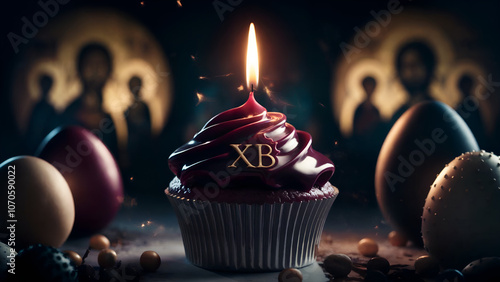 Easter cupcake with a candle and the letters 