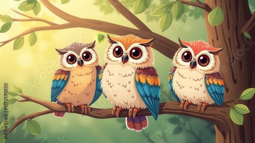 Three adorable vector owls sitting together on a tree branch, with big round eyes and colorful feathers, three, tree branch