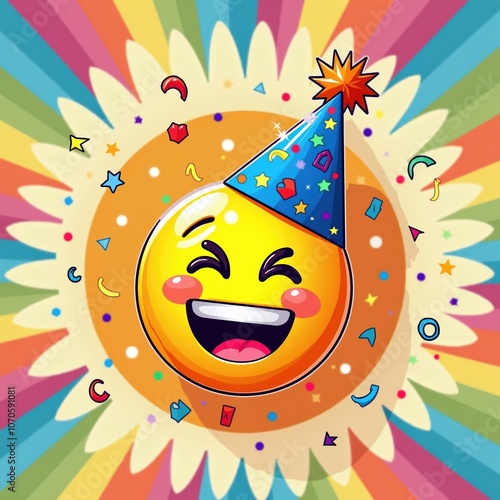 Happy Birthday Emoji With Party Hat and Confetti