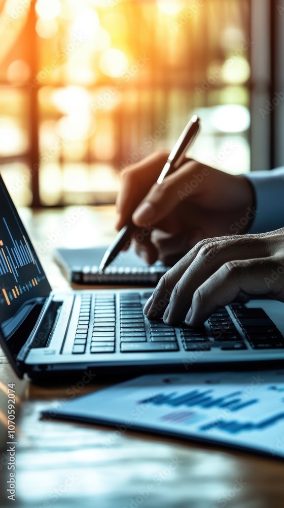 an analyst calculating insurance premiums on a laptop with charts in the background an analyst calculating insurance premiums on a laptop with charts in the background