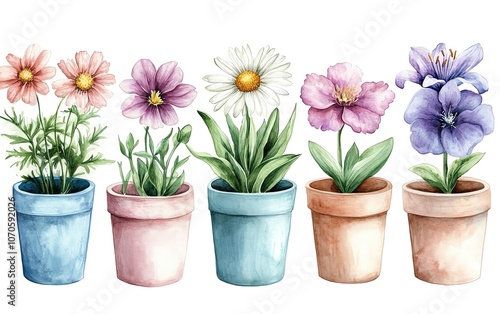 Wallpaper Mural A charming arrangement of five potted flowers in varied pastel pots, showcasing vibrant colors and delicate petals against a white background. Torontodigital.ca