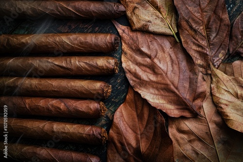 Tobacco Background. Collection of Cuban Cigars on Vintage Tobacco Leaves photo