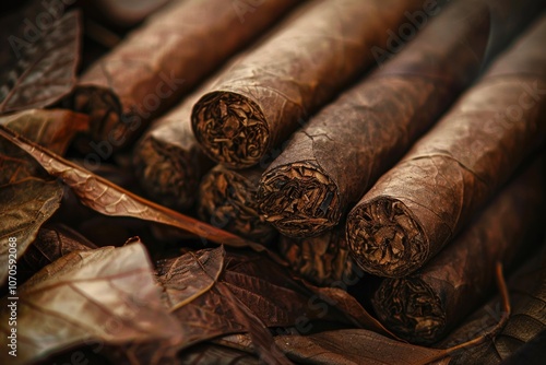 Tobacco Background. Group of Cuban Cigars on Vintage Tobacco Leaves photo