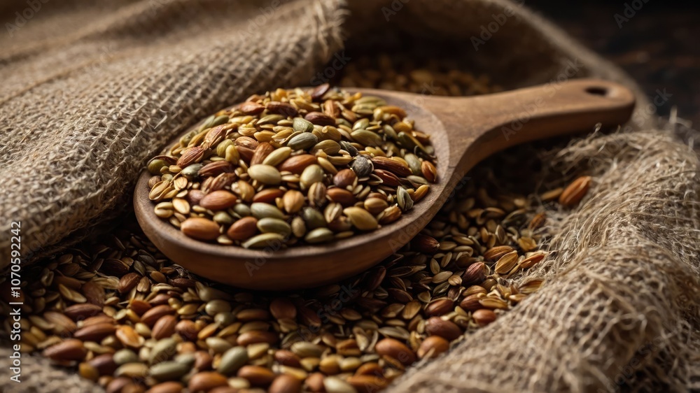 A wooden spoon filled with various seeds on burlap fabric, showcasing natural ingredients. A wooden spoon filled with various seeds on burlap fabric, showcasing natural ingredients.