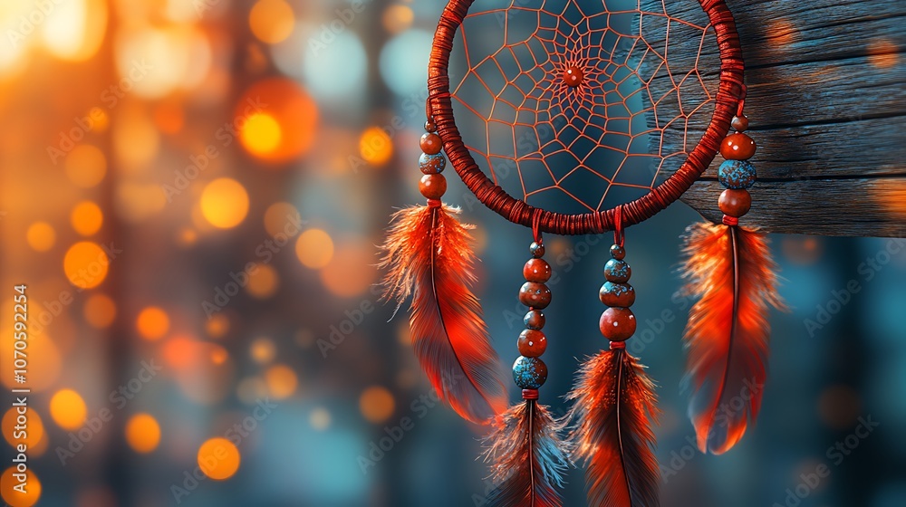 Naklejka premium A red and brown dreamcatcher with feathers and beads hanging from a wooden post against a blurred background of warm golden lights.