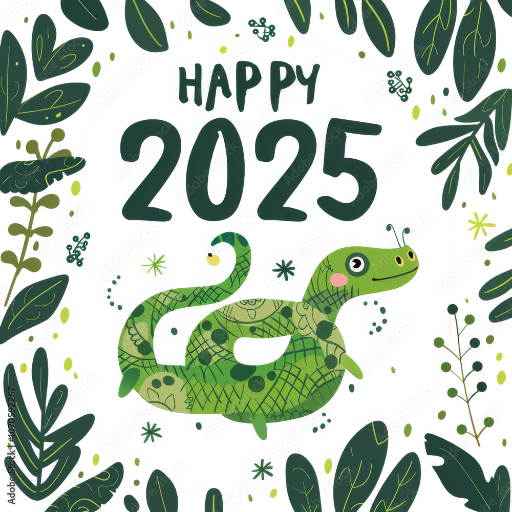 Happy new year 2025 greeting card with cute green snake. Zodiac animal cartoon character isolated on transparent or white background Happy new year 2025 greeting card with cute green snake. Zodiac animal cartoon character isolated on transparent or white background