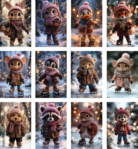 Fototapeta Naklejka Na Ścianę i Meble -  Set of cute anthropomorphic Christmas animals  ice skating