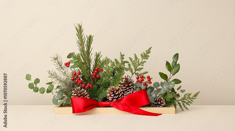 Fototapeta premium Beautifully Wrapped Christmas Gift Decorated with Pine and Berries