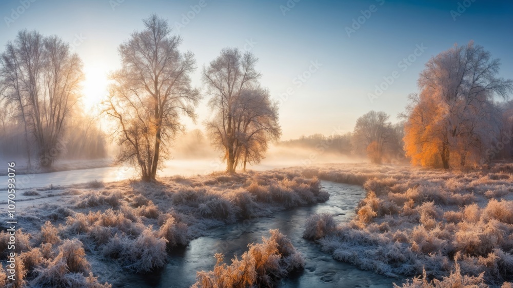 Frosty morning light illuminating a serene river landscape with trees at dawn Frosty morning light illuminating a serene river landscape with trees at dawn