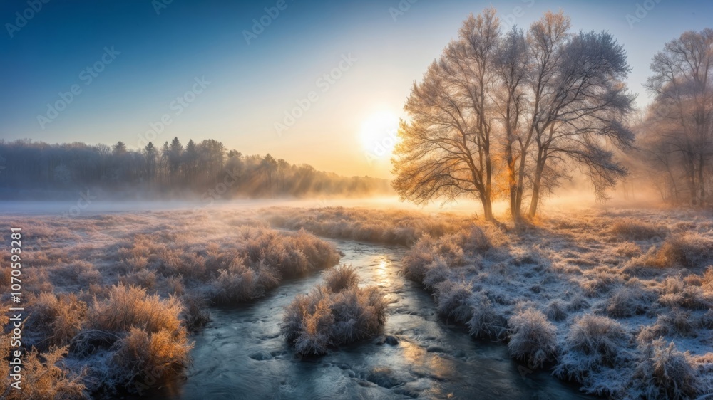Frosty morning light illuminates a serene river landscape at sunrise in winter Frosty morning light illuminates a serene river landscape at sunrise in winter