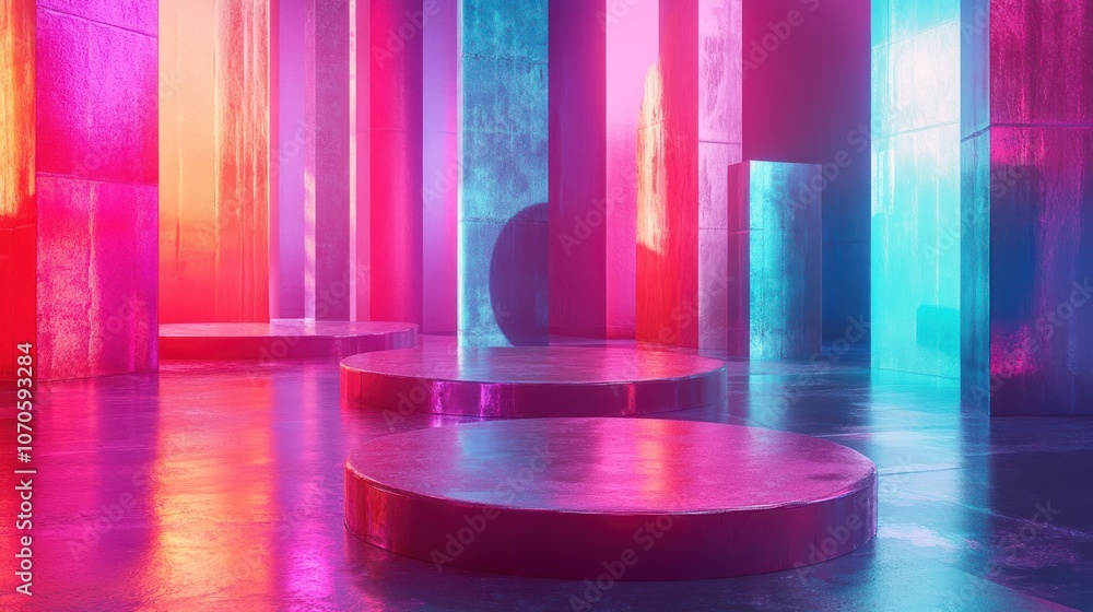 Abstract Neon Light Installation with Podiums