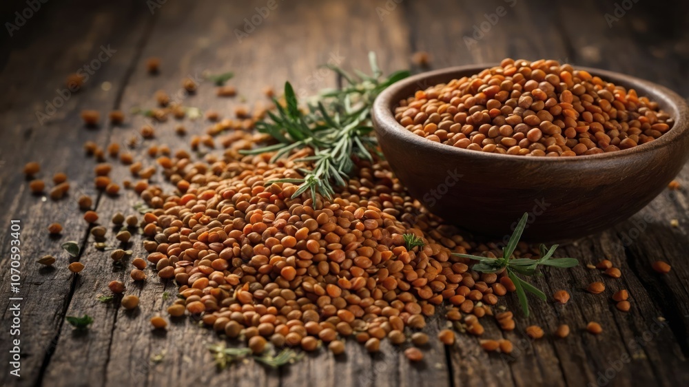 A bowl of brown seeds surrounded by scattered seeds and herbs on a wooden surface. A bowl of brown seeds surrounded by scattered seeds and herbs on a wooden surface.