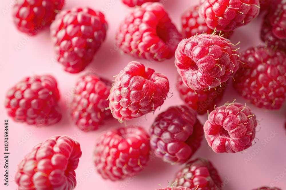 Various falling fresh ripe raspberries on light pink background horizontal composition Various falling fresh ripe raspberries on light pink background horizontal composition