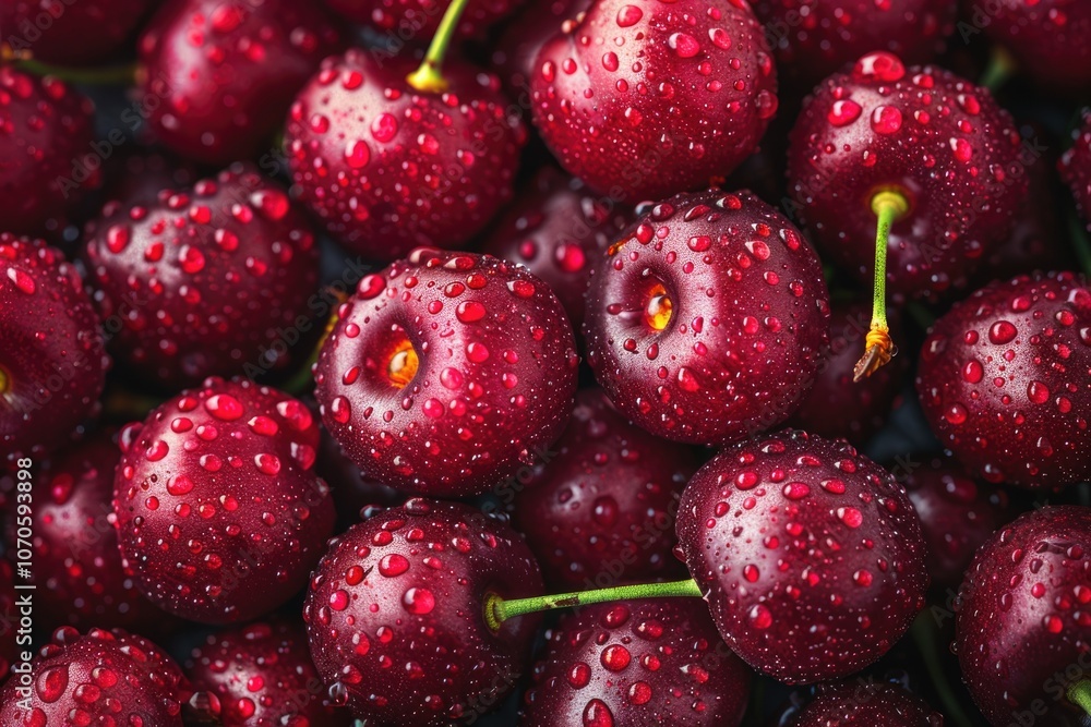 a lot of red ripe cherries close up with water drops a lot of red ripe cherries close up with water drops