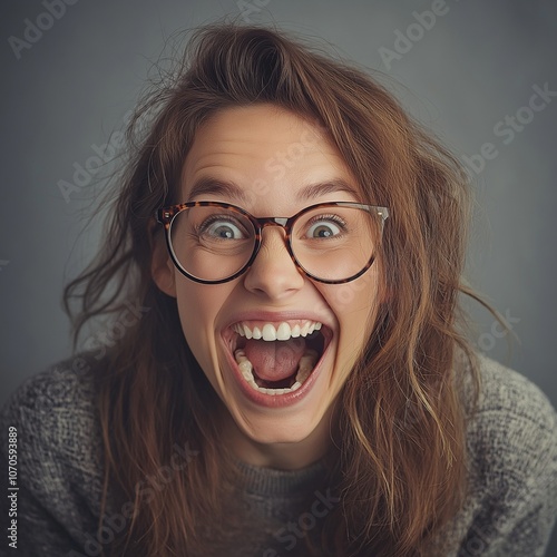 A woman with disheveled hair and large glasses, full of manic energy, crazy expression an ecstatic, lively enthusiasm.