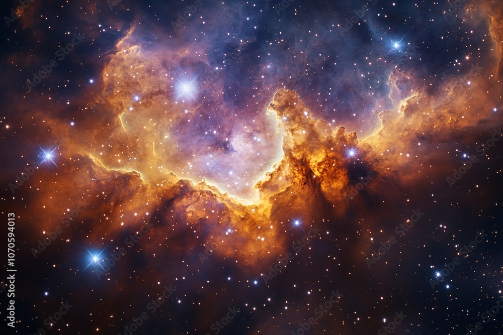 Obraz premium An awe-inspiring outer space scene illustrating a distant galaxy cluster, featuring swirling nebulae in vivid colors and twinkling stars scattered across a backdrop of deep cosmic blue