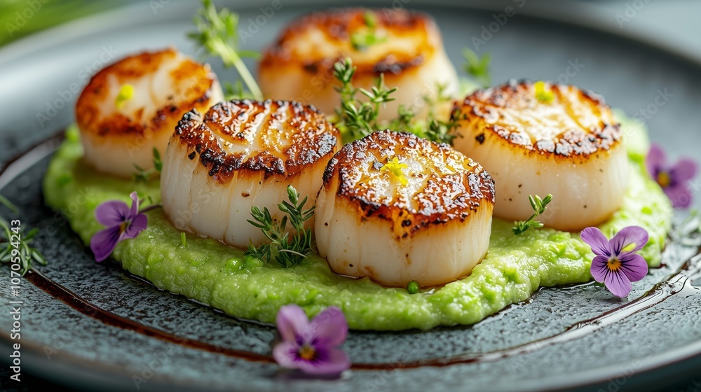 Gourmet Plate with Delicate Scallops and Green Puree Gourmet Plate with Delicate Scallops and Green Puree