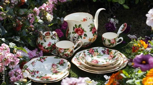 Picturesque garden party with flowerinspired dishware showcasing salad plates soup spoons and pitchers all complemented by lush blooming flowers photo