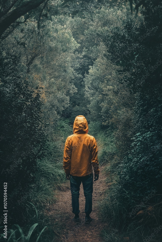 A person in a yellow jacket stands in a lush forest, surrounded by dense greenery, implying solitude and exploration. A person in a yellow jacket stands in a lush forest, surrounded by dense greenery, implying solitude and exploration.